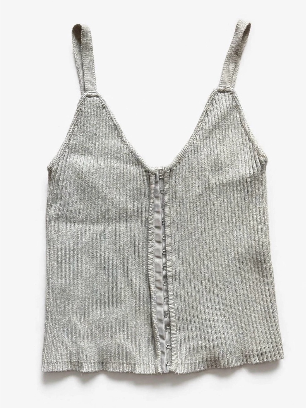 Beige Ribbed Knit Crop Tank Top Hook and Eye Front Spaghetti Strap V Neck